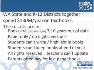 WA State and K-12 Districts together
spend $130M/yearon textbooks.
The results are in:
• Books are (on average) 7-10 years out of date
• Paper only / no digital versions
• Students can’t write / highlight in books
• Students can’t keep books at end of year
• All rights reserved… teachers can’t update
• Parents often pay for lost paper books
 