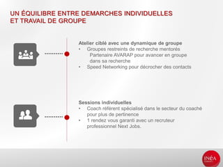 Atelier ciblé avec une dynamique de groupe
• Groupes restreints de recherche mentorés
Partenaire AVARAP pour avancer en groupe
dans sa recherche
• Speed Networking pour décrocher des contacts
Sessions individuelles
• Coach référent spécialisé dans le secteur du coaché
pour plus de pertinence
• 1 rendez vous garanti avec un recruteur
professionnel Next Jobs.
UN ÉQUILIBRE ENTRE DEMARCHES INDIVIDUELLES
ET TRAVAIL DE GROUPE
 