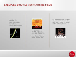 EXEMPLES D’OUTILS : EXTRAITS DE FILMS
Apollo 13
avec : Tom Hanks,
Kevin Bacon
un film de Ron Howard
avec : Robin Williams
un film de Peter Weir
Le cercle des
poètes disparus
12 hommes en colère
avec : Lee J. Cobb, Ed Begley
un film de Henry Fonda
 