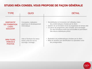 STUDIO INÉA CONSEIL VOUS PROPOSE DE FAÇON GÉNÉRALE
DISPOSITIF
DE FORMATION
LUDO-
EDUCATIF
MINI FILMS,
VIDEOS &
PHOTOS
Conception, réalisation
graphique et développement
informatique
Aide à l’écriture d’un story-
board, prise de vue ou
tournage, montage…
• Sensibilisation et immersion de l’utilisateur dans
les problématiques choisies par le client.
• Gestion de sa formation et de sa progression en temps réel.
• Ce genre de programme, plus complet, est à envisager
sur des formations autre que ponctuelles et permettent
des retours statistiques précis.
• Illustration de problématiques choisies par le client.
• Mise en situation par identification du spectateur avec
les protagonistes.
TYPE QUOI DÉTAIL
 