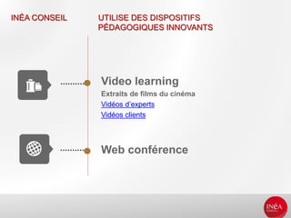 Video learning
Extraits de films du cinéma
Vidéos d’experts
Vidéos clients
Web conférence
INÉA CONSEIL UTILISE DES DISPOSITIFS
PÉDAGOGIQUES INNOVANTS
 