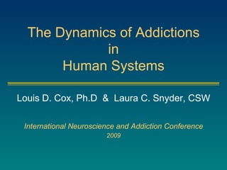 The Dynamics of Addictions in Human Systems Louis D. Cox, Ph.D  &  Laura C. Snyder, CSW International Neuroscience and Addiction Conference 2009 