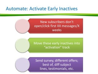 Automate: Activate Early Inactives

                New subscribers don’t
             open/click first XX messages/X
                          weeks


             Move these early inactives into
                   “activation” track


              Send survey, different offers;
                   best of, diff subject
                lines, testimonials, etc.
 