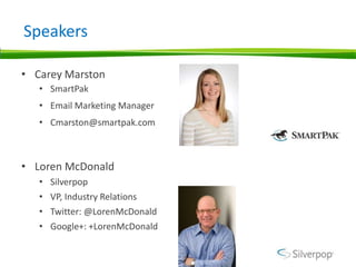 Speakers

• Carey Marston
   • SmartPak
   • Email Marketing Manager
   • Cmarston@smartpak.com



• Loren McDonald
   •  ...