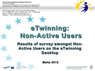 eTwinning:
 Non-Active Users
Results of survey amongst Non-
Active Users on the eTwinning
            Desktop

           Malta 2012
                        Curriculum Management and eLearning Department
                        Directorate for Quality and Standards in Education
                        Ministry for Education and Employment
 