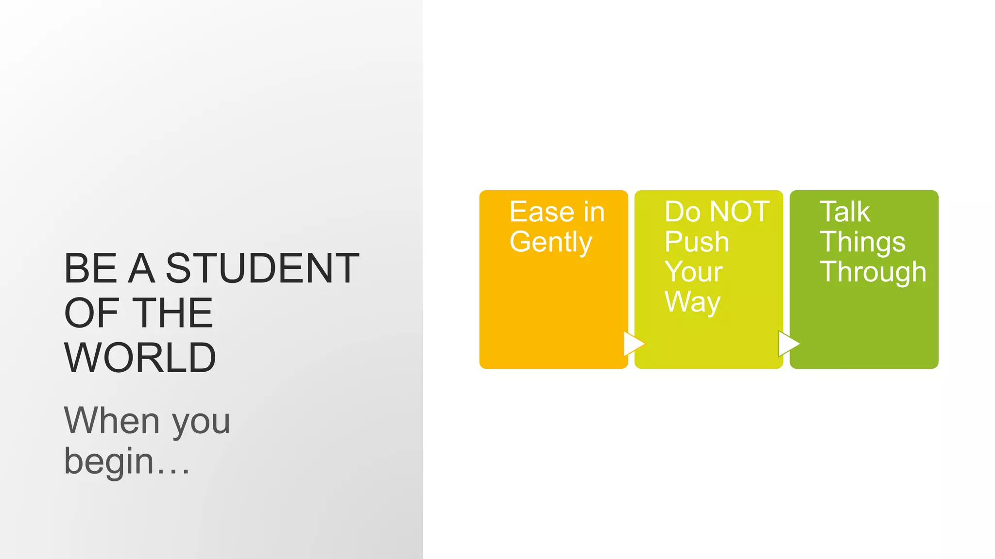 BE A STUDENT
OF THE
WORLD
Ease in
Gently
Do NOT
Push
Your
Way
Talk
Things
Through
When you
begin…
 