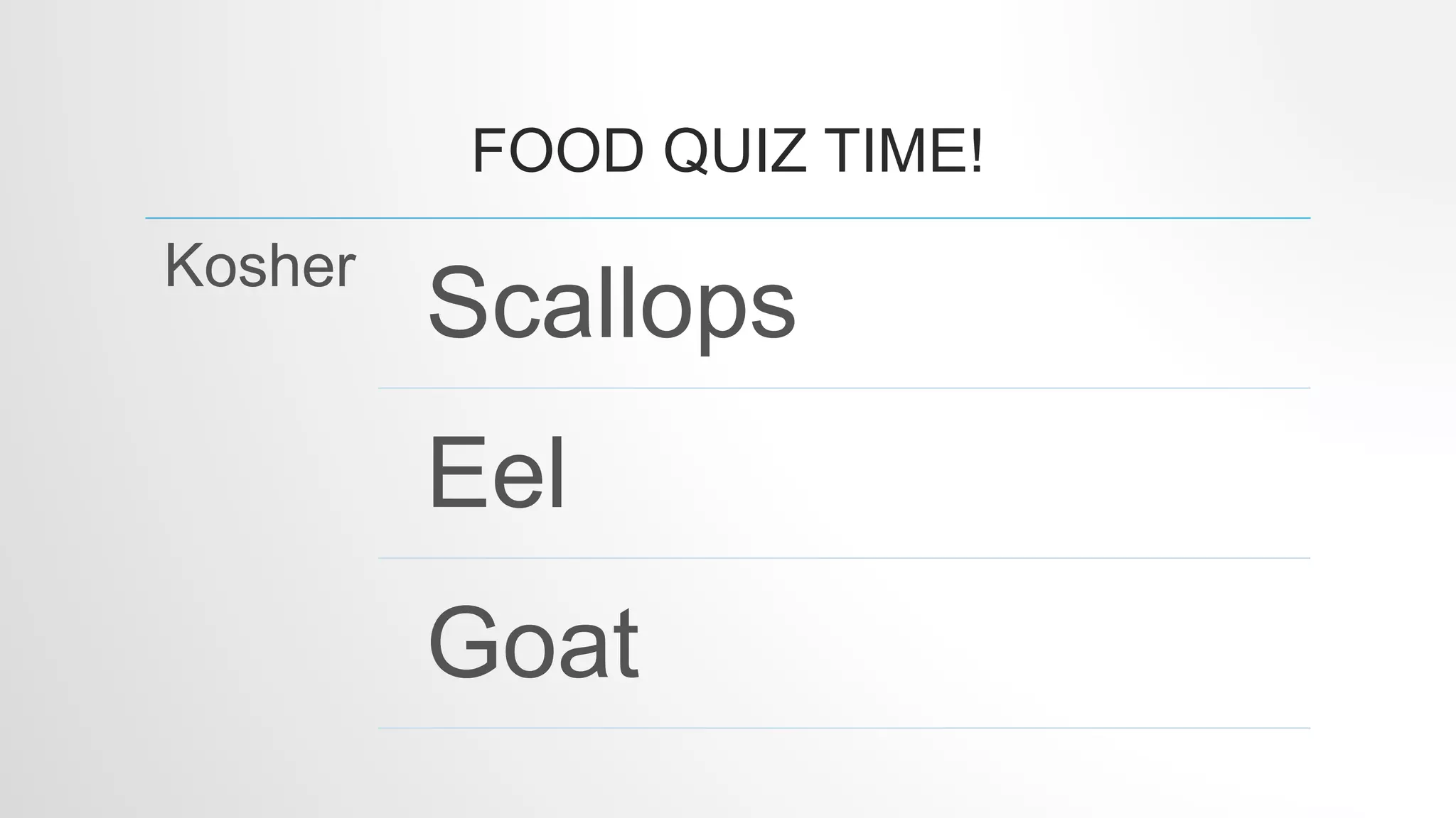 FOOD QUIZ TIME!
Kosher
Scallops
Eel
Goat
 