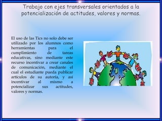 El uso de las Tics no solo debe ser
utilizado por los alumnos como
herramientas          para        el
cumplimiento         de       tareas
educativas, sino mediante este
recurso incentivar a crear canales
de comunicación, mediante el
cual el estudiante pueda publicar
artículos de su autoría, y así
incentivar     al      mismo       a
potencializar     sus     actitudes,
valores y normas.
 