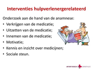 Interventies hulpverlenergerelateerd
Onderzoek aan de hand van de anamnese:
• Verkrijgen van de medicatie;
• Uitzetten van de medicatie;
• Innemen van de medicatie;
• Motivatie;
• Kennis en inzicht over medicijnen;
• Sociale steun.
 