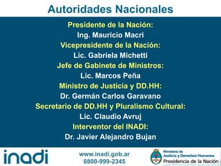www.inadi.gob.ar
0800-999-2345
Autoridades Nacionales
Presidente de la Nación:
Ing. Mauricio Macri
Vicepresidente de la Nación:
Lic. Gabriela Michetti
Jefe de Gabinete de Ministros:
Lic. Marcos Peña
Ministro de Justicia y DD.HH:
Dr. Germán Carlos Garavano
Secretario de DD.HH y Pluralismo Cultural:
Lic. Claudio Avruj
Interventor del INADI:
Dr. Javier Alejandro Bujan
 