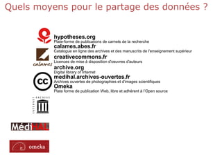 Quels moyens pour le partage des données ?
hypotheses.org
Plate-forme de publications de carnets de la recherche
calames.abes.fr
Catalogue en ligne des archives et des manuscrits de l'enseignement supérieur
creativecommons.fr
Licences de mise à disposition d'oeuvres d'auteurs
archive.org
Digital library of Internet
medihal.archives-ouvertes.fr
Archives ouvertes de photographies et d'images scientifiques
Omeka
Plate forme de publication Web, libre et adhérent à l’Open source
 