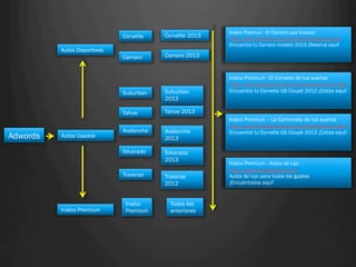 Inalco Premiun - El Camaro que buscas
                             Corvette    Corvette 2013   http://www.inalcopremium.cl/automoviles/camaro
                                                         Encuentra tu Camaro modelo 2013 ¡Reserva aquí!
          Autos Deportivos
                             Camaro      Camaro 2013


                                                         Inalco Premium - El Corvette de tus sueños
                                                         http://www.inalcopremium.cl/automoviles/corvette
                             Suburban    Suburban        Encuentra tu Corvette GS Coupé 2012 ¡Cotiza aquí!
                                         2013

                             Tahoe       Tahoe 2013
                                                         Inalco Premium – La Camioneta de tus sueños
                                                         http://www.inalcopremium.cl/automoviles/corvette
                             Avalanche   Avalanche       Encuentra tu Corvette GS Coupé 2012 ¡Cotiza aquí!
Adwords   Autos Usados                   2013

                             Silverado   Silverado
                                         2013
                                                         Inalco Premium - Autos de lujo
                                                         http://www.inalcopremium.cl/
                             Traverse    Traverse        Autos de lujo para todos los gustos
                                         2012            ¡Encuéntralos aquí!


                              Inalco       Todas las
          Inalco Premium      Premium      anteriores
 