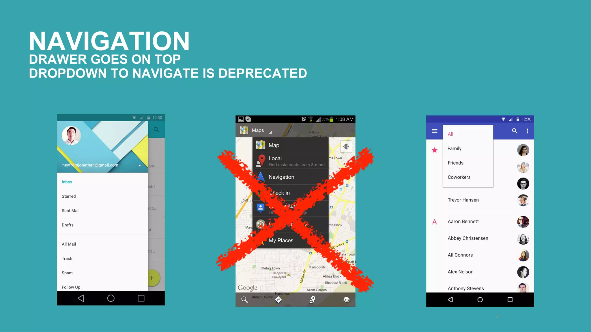 NAVIGATION 
21 
DRAWER GOES ON TOP 
DROPDOWN TO NAVIGATE IS DEPRECATED 
 