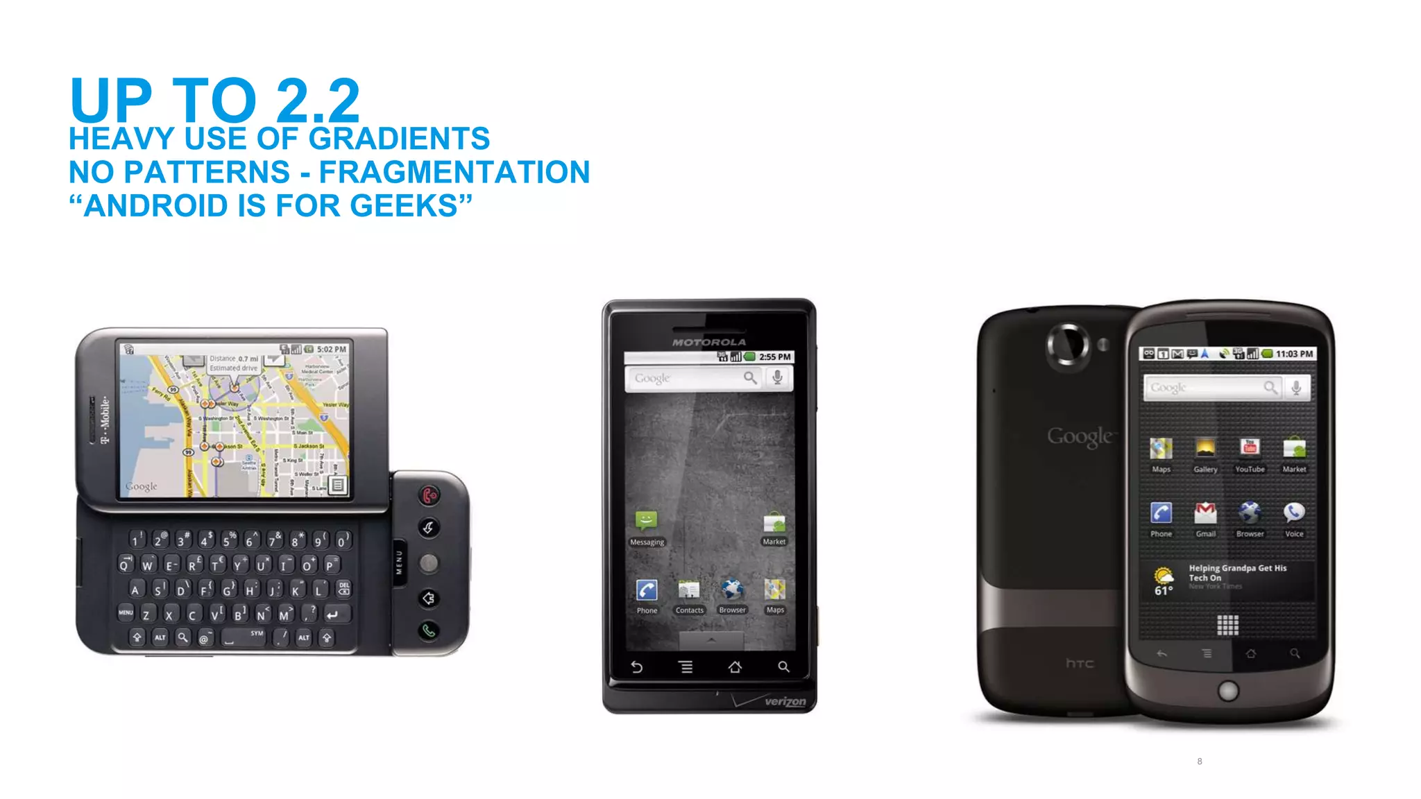 8 
UP TO 2.2 
HEAVY USE OF GRADIENTS 
NO PATTERNS - FRAGMENTATION 
“ANDROID IS FOR GEEKS” 
 