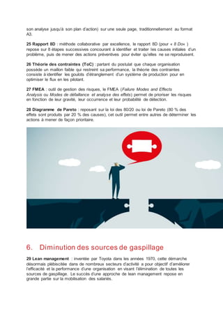 son analyse jusqu’à son plan d’action) sur une seule page, traditionnellement au format
A3.
25 Rapport 8D : méthode collaborative par excellence, le rapport 8D (pour « 8 Do« )
repose sur 8 étapes successives concourant à identifier et traiter les causes initiales d’un
problème, puis de mener des actions préventives pour éviter qu’elles ne se reproduisent.
26 Théorie des contraintes (ToC) : partant du postulat que chaque organisation
possède un maillon faible qui restreint sa performance, la théorie des contraintes
consiste à identifier les goulots d’étranglement d’un système de production pour en
optimiser le flux en les pilotant.
27 FMEA : outil de gestion des risques, le FMEA (Failure Modes and Effects
Analysis ou Modes de défaillance et analyse des effets) permet de prioriser les risques
en fonction de leur gravité, leur occurrence et leur probabilité de détection.
28 Diagramme de Pareto : reposant sur la loi des 80/20 ou loi de Pareto (80 % des
effets sont produits par 20 % des causes), cet outil permet entre autres de déterminer les
actions à mener de façon prioritaire.
6. Diminution des sources de gaspillage
29 Lean management : inventée par Toyota dans les années 1970, cette démarche
désormais plébiscitée dans de nombreux secteurs d’activité a pour objectif d’améliorer
l’efficacité et la performance d’une organisation en visant l’élimination de toutes les
sources de gaspillage. Le succès d’une approche de lean management repose en
grande partie sur la mobilisation des salariés.
 