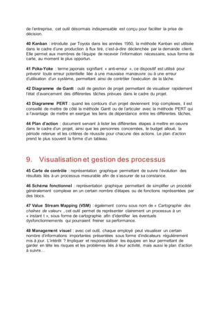 de l’entreprise, cet outil désormais indispensable est conçu pour faciliter la prise de
décision.
40 Kanban : introduite par Toyota dans les années 1950, la méthode Kanban est utilisée
dans le cadre d’une production à flux tiré, c’est-à-dire déclenchée par la demande client.
Elle permet aux membres de l’équipe de recevoir l’information nécessaire, sous forme de
carte, au moment le plus opportun.
41 Poka-Yoke : terme japonais signifiant « anti-erreur », ce dispositif est utilisé pour
prévenir toute erreur potentielle liée à une mauvaise manœuvre ou à une erreur
d’utilisation d’un système, permettant ainsi de contrôler l’exécution de la tâche.
42 Diagramme de Gantt : outil de gestion de projet permettant de visualiser rapidement
l’état d’avancement des différentes tâches prévues dans le cadre du projet.
43 Diagramme PERT : quand les contours d’un projet deviennent trop complexes, il est
conseillé de mettre de côté la méthode Gantt ou de l’articuler avec la méthode PERT qui
a l’avantage de mettre en exergue les liens de dépendance entre les différentes tâches.
44 Plan d’action : document servant à lister les différentes étapes à mettre en oeuvre
dans le cadre d’un projet, ainsi que les personnes concernées, le budget alloué, la
période retenue et les critères de réussite pour chacune des actions. Le plan d’action
prend le plus souvent la forme d’un tableau.
9. Visualisation et gestion des processus
45 Carte de contrôle : représentation graphique permettant de suivre l’évolution des
résultats liés à un processus mesurable afin de s’assurer de sa constance.
46 Schéma fonctionnel : représentation graphique permettant de simplifier un procédé
généralement complexe en un certain nombre d’étapes ou de fonctions représentées par
des blocs.
47 Value Stream Mapping (VSM) : également connu sous nom de « Cartographie des
chaînes de valeur« , cet outil permet de représenter clairement un processus à un
« instant t », sous forme de cartographie afin d’identifier les éventuels
dysfonctionnements qui pourraient freiner sa performance.
48 Management visuel : avec cet outil, chaque employé peut visualiser un certain
nombre d’informations importantes présentées sous forme d’indicateurs régulièrement
mis à jour. L’intérêt ? Impliquer et responsabiliser les équipes en leur permettant de
garder en tête les risques et les problèmes liés à leur activité, mais aussi le plan d’action
à suivre…
 