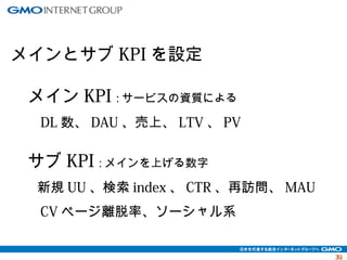 3333 
メインとサブKPIを設定 
　メインKPI :サービスの資質による 
　　DL数、DAU、売上、LTV、PV 
　サブKPI :メインを上げる数字 
　　新規UU、検索index、CTR、再訪問、MAU 
　　CVページ離脱率、ソーシャル系 
 