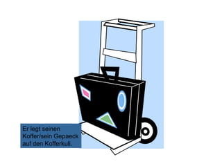 Er legt seinen
Koffer/sein Gepaeck
auf den Kofferkuli.

 