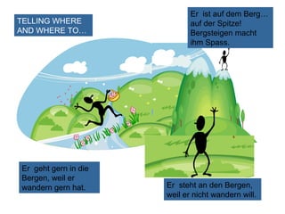 TELLING WHERE
AND WHERE TO…

Er geht gern in die
Bergen, weil er
wandern gern hat.

Er ist auf dem Berg…
auf der Spitze!
Bergsteigen macht
ihm Spass.

Er steht an den Bergen,
weil er nicht wandern will.

 