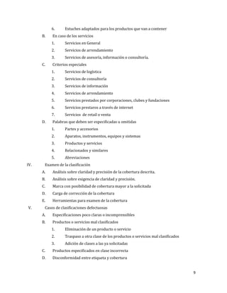 9
6. Estuches adaptados para los productos que van a contener
B. En caso de los servicios
1. Servicios en General
2. Servicios de arrendamiento
3. Servicios de asesoría, información o consultoría.
C. Criterios especiales
1. Servicios de logística
2. Servicios de consultoría
3. Servicios de información
4. Servicios de arrendamiento
5. Servicios prestados por corporaciones, clubes y fundaciones
6. Servicios prestaros a través de internet
7. Servicios de retail o venta
D. Palabras que deben ser especificadas u omitidas
1. Partes y accesorios
2. Aparatos, instrumentos, equipos y sistemas
3. Productos y servicios
4. Relacionados y similares
5. Abreviaciones
IV. Examen de la clasificación
A. Análisis sobre claridad y precisión de la cobertura descrita.
B. Análisis sobre exigencia de claridad y precisión.
C. Marca con posibilidad de cobertura mayor a la solicitada
D. Carga de corrección de la cobertura
E. Herramientas para examen de la cobertura
V. Casos de clasificaciones defectuosas
A. Especificaciones poco claras o incomprensibles
B. Productos o servicios mal clasificados
1. Eliminación de un producto o servicio
2. Traspaso a otra clase de los productos o servicios mal clasificados
3. Adición de clases a las ya solicitadas
C. Productos especificados en clase incorrecta
D. Disconformidad entre etiqueta y cobertura
 