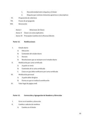 10
1. Disconformidad entre etiqueta y el titular
2. Etiqueta que contiene elementos genéricos o descriptivos
VI. Proposición de cobertura
VII. Frases de propaganda
VIII. Renovación
Anexo I Relaciones de Clases
Anexo II Clases con nota explicativa
Anexo III Principales Cambios de la Novena Edición
Parte 12. Notificaciones
I. Estado diario
A. Ubicación
B. Contenido del estado diario
C. Horario
D. Resoluciones que se incluyen en el estadio diario
II. Notificación por carta certificada
A. A quién se envía
B. Contenido de la carta certificada
C. Casos en que debe notificarse por carta certificada
III. Notificación personal
A. A quién debe dirigirse
B. Forma en que se realiza la notificación
IV. Valor legal de página web
Parte 13. Corrección y Agregación de Nombres y Dirección
I. Error en el nombre y dirección
II. Cambio o adición de nombres
A. Cambio en el titular
 