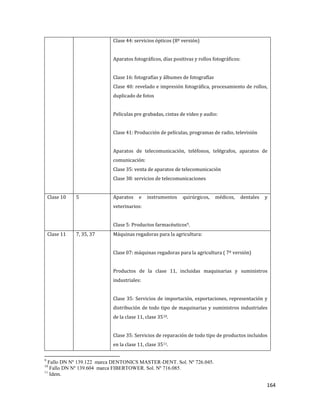 164
Clase 44: servicios ópticos (8º versión)
Aparatos fotográficos, días positivas y rollos fotográficos:
Clase 16: fotografías y álbumes de fotografías
Clase 40: revelado e impresión fotográfica, procesamiento de rollos,
duplicado de fotos
Películas pre grabadas, cintas de video y audio:
Clase 41: Producción de películas, programas de radio, televisión
Aparatos de telecomunicación, teléfonos, telégrafos, aparatos de
comunicación:
Clase 35: venta de aparatos de telecomunicación
Clase 38: servicios de telecomunicaciones
Clase 10 5 Aparatos e instrumentos quirúrgicos, médicos, dentales y
veterinarios:
Clase 5: Productos farmacéuticos9.
Clase 11 7, 35, 37 Máquinas regadoras para la agricultura:
Clase 07: máquinas regadoras para la agricultura ( 7º versión)
Productos de la clase 11, incluidas maquinarias y suministros
industriales:
Clase 35: Servicios de importación, exportaciones, representación y
distribución de todo tipo de maquinarias y suministros industriales
de la clase 11, clase 3510.
Clase 35: Servicios de reparación de todo tipo de productos incluidos
en la clase 11, clase 3511.
9
Fallo DN Nº 139.122 marca DENTONICS MASTER-DENT. Sol. Nº 726.045.
10
Fallo DN Nº 139.604 marca FIBERTOWER. Sol. Nº 716.085.
11
Idem.
 