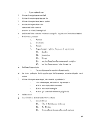 13
1. Etiquetas Genéricas
E. Marcas descriptivas de cualidad
F. Marcas descriptivas de destinación
G. Marcas descriptivas de peso o medida
H. Marcas descriptivas de valor
I. Denominaciones técnicas
J. Nombre de variedades vegetales
K. Denominaciones comunes recomendadas por la Organización Mundial de la Salud
L. Nombres de personas
1. Nombre
2. Seudónimo
3. Retrato
4. Requisitos para registrar el nombre de una persona
4.1. Nombre
4.2. Seudónimo
4.3. Retrato
4.4. Inscripción del nombre de personaje histórico
4.5. Inscripción de nombre inductivo a error
M. Palabras de uso común
1. Características de los términos de uso común.
N. La forma o el color de los productos o de los envases, además del color en si
mismo
O. Marcas descriptivas de origen, nacionalidad o procedencia
1. Indicios de origen, nacionalidad o procedencia
2. Marcas indicativas de nacionalidad
3. Marcas indicativas de Región
4. Marcas que contienen elementos geográficos
P. Traducciones
Q. Adquisición de distintividad a través del uso
1. Características
1.1. Falta de distintividad intrínseca
1.2. Uso del signo
1.3. El uso debe ser dentro del mercado nacional
 