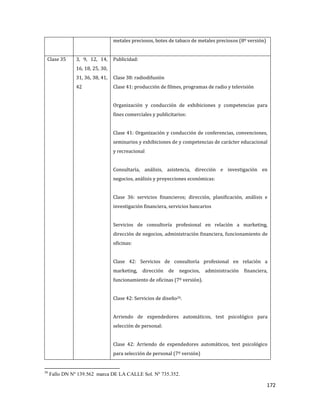 172
metales preciosos, botes de tabaco de metales preciosos (8º versión)
Clase 35 3, 9, 12, 14,
16, 18, 25, 30,
31, 36, 38, 41,
42
Publicidad:
Clase 38: radiodifusión
Clase 41: producción de filmes, programas de radio y televisión
Organización y conducción de exhibiciones y competencias para
fines comerciales y publicitarios:
Clase 41: Organización y conducción de conferencias, convenciones,
seminarios y exhibiciones de y competencias de carácter educacional
y recreacional
Consultaría, análisis, asistencia, dirección e investigación en
negocios, análisis y proyecciones económicas:
Clase 36: servicios financieros; dirección, planificación, análisis e
investigación financiera, servicios bancarios
Servicios de consultoría profesional en relación a marketing,
dirección de negocios, administración financiera, funcionamiento de
oficinas:
Clase 42: Servicios de consultoría profesional en relación a
marketing, dirección de negocios, administración financiera,
funcionamiento de oficinas (7º versión).
Clase 42: Servicios de diseño26.
Arriendo de expendedores automáticos, test psicológico para
selección de personal:
Clase 42: Arriendo de expendedores automáticos, test psicológico
para selección de personal (7º versión)
26
Fallo DN Nº 139.562 marca DE LA CALLE Sol. Nº 735.352.
 