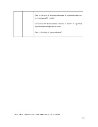 179
Clase 42: Servicios de arbitrajes, de manejo de propiedad intelectual,
servicios legales (8º versión)
Servicios de club de encuentros, consultas en materia de seguridad,
alquiler de vestuario y trajes de noche:
Clase 41: Servicios de casino de juegos37.
37
Fallo DN Nº 136.995 marca CASINO RANCAGUA. Sol. Nº 696.068.
 