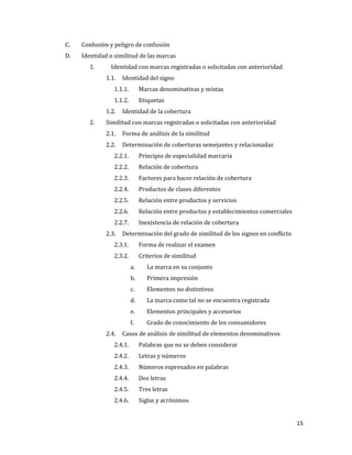 15
C. Confusión y peligro de confusión
D. Identidad o similitud de las marcas
1. Identidad con marcas registradas o solicitadas con anterioridad
1.1. Identidad del signo
1.1.1. Marcas denominativas y mixtas
1.1.2. Etiquetas
1.2. Identidad de la cobertura
2. Similitud con marcas registradas o solicitadas con anterioridad
2.1. Forma de análisis de la similitud
2.2. Determinación de coberturas semejantes y relacionadas
2.2.1. Principio de especialidad marcaria
2.2.2. Relación de cobertura
2.2.3. Factores para hacer relación de cobertura
2.2.4. Productos de clases diferentes
2.2.5. Relación entre productos y servicios
2.2.6. Relación entre productos y establecimientos comerciales
2.2.7. Inexistencia de relación de cobertura
2.3. Determinación del grado de similitud de los signos en conflicto
2.3.1. Forma de realizar el examen
2.3.2. Criterios de similitud
a. La marca en su conjunto
b. Primera impresión
c. Elementos no distintivos
d. La marca como tal no se encuentra registrada
e. Elementos principales y accesorios
f. Grado de conocimiento de los consumidores
2.4. Casos de análisis de similitud de elementos denominativos
2.4.1. Palabras que no se deben considerar
2.4.2. Letras y números
2.4.3. Números expresados en palabras
2.4.4. Dos letras
2.4.5. Tres letras
2.4.6. Siglas y acrónimos
 