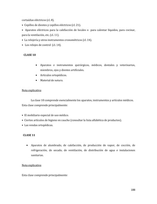 188
cortaúñas eléctricos (cl. 8).
• Cepillos de dientes y cepillos eléctricos (cl. 21).
• Aparatos eléctricos para la calefacción de locales o para calentar líquidos, para cocinar,
para la ventilación, etc. (cl. 11).
• La relojería y otros instrumentos cronométricos (cl. 14).
• Los relojes de control (cl. 14).
CLASE 10
Aparatos e instrumentos quirúrgicos, médicos, dentales y veterinarios,
miembros, ojos y dientes artificiales.
Artículos ortopédicos.
Material de sutura.
Nota explicativa
La clase 10 comprende esencialmente los aparatos, instrumentos y artículos médicos.
Esta clase comprende principalmente:
• El mobiliario especial de uso médico.
• Ciertos artículos de higiene en caucho (consultar la lista alfabética de productos).
• Las vendas ortopédicas.
CLASE 11
Aparatos de alumbrado, de calefacción, de producción de vapor, de cocción, de
refrigeración, de secado, de ventilación, de distribución de agua e instalaciones
sanitarias.
Nota explicativa
Esta clase comprende principalmente:
 