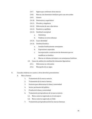 16
2.4.7. Signos que contienen otras marcas
2.4.8. Marcas con elementos similares pero con otro orden
2.4.9. Género
2.4.10. Diminutivo y superlativo
2.4.11. Plurales y singulares
2.4.12. Diferencias de una o dos letras
2.4.13. Nombres y apellidos
2.4.14. Similitud conceptual
a. Sinónimos
b. Palabras en otros idiomas
2.4.15. Cuasi identidad
2.4.16. Similitud fonética
a. Sonidos fonéticamente semejantes
b. Expresiones separadas
c. Incorporación o sustracción de elementos que no
modifican su fonética
d. Marcas en idioma extranjero con semejanzas fonéticas
2.5. Casos de análisis de similitud de elementos figurativos
2.5.1. Diferencias no relevantes
2.5.2. Monopolio de un signo
II. Causales relativas en cuanto a otros derechos preexistentes
A. Marca famosa
1. Tratamiento de la marca notoria
2. Tratamiento de la marca famosa
3. Factores para determinar la fama y notoriedad
4. Sector pertinente del público
5. Prueba de la fama y notoriedad
6. Tratamiento jurisprudencia de la marca notoria
6.1. Marca notoria registrada en el extranjero
6.2. Marca notoria registrada en Chile
7. Tratamiento jurisprudencial de las marcas famosas
 