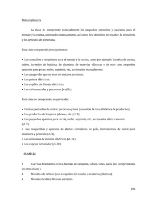 196
Nota explicativa
La clase 21 comprende esencialmente los pequeños utensilios y aparatos para el
menaje y la cocina, accionados manualmente, así como los utensilios de tocador, la cristalería
y los artículos de porcelana.
Esta clase comprende principalmente:
• Los utensilios y recipientes para el menaje y la cocina, como por ejemplo: baterías de cocina,
cubos, barreños de hojalata, de aluminio, de materias plásticas o de otro tipo, pequeños
aparatos para picar, moler, exprimir, etc., accionados manualmente.
• Los apagavelas que no sean de metales preciosos.
• Los peines eléctricos.
• Los cepillos de dientes eléctricos.
• Los salvamanteles y posavasos (vajilla).
Esta clase no comprende, en particular:
• Ciertos productos de cristal, porcelana y loza (consultar la lista alfabética de productos).
• Los productos de limpieza, jabones, etc. (cl. 3).
• Los pequeños aparatos para cortar, moler, exprimir, etc., accionados eléctricamente
(cl. 7).
• Las maquinillas y aparatos de afeitar, cortadoras de pelo, instrumentos de metal para
manicura y pedicura (cl. 8).
• Los utensilios de cocción eléctricos (cl. 11).
• Los espejos de tocador (cl. 20).
CLASE 22
Cuerdas, bramantes, redes, tiendas de campaña, toldos, velas, sacos (no comprendidos
en otras clases).
Materias de relleno (con excepción del caucho o materias plásticas).
Materias textiles fibrosas en bruto.
 