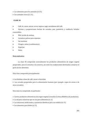 201
• Los alimentos para los animales (cl.31).
• Los animales vivos (cl. 31).
CLASE 30
Café, té, cacao, azúcar, arroz, tapioca, sagú, sucedáneos del café.
Harinas y preparaciones hechas de cereales, pan, pastelería y confitería, helados
comestibles.
Miel, jarabe de melaza.
Levadura, polvos para esponjar.
Sal, mostaza.
Vinagre, salsas (condimentos).
Especias.
Hielo.
Nota explicativa
La clase 30 comprende esencialmente los productos alimenticios de origen vegetal
preparados para el consumo o la conserva, así como los coadyuvantes destinados a mejorar el
gusto de los alimentos.
Esta clase comprende principalmente:
• Las bebidas a base de café, cacao o chocolate.
• Los cereales preparados para la alimentación humana (por ejemplo: copos de avena o de
otros cereales).
Esta clase no comprende, en particular:
• Ciertos productos alimenticios de origen vegetal (consultar la lista alfabética de productos).
• La sal para conservar que no sea para alimentos (cl. 1).
• Las infusiones medicinales y sustancias dietéticas para uso médico (cl. 5).
• Los alimentos para bebés (cl. 5).
 