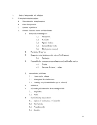 18
I. Qué es la oposición a la solicitud
II. Procedimiento contencioso
A. Naturaleza del procedimiento
B. Plazo de oposición
C. Normas supletorias
D. Normas comunes a todo procedimiento
1. Comparecencia en juicio
1.1. Patrocinio
1.2. Mandato
1.3. Agente oficioso
1.4. Contenido del poder
1.5. 1.2.Sucesión procesal
2. Pluralidad de partes
3. Cargas pecuniarias a que están sujetos los litigantes
3.1. Apelación
4. Formación del proceso, su custodia y comunicación a las partes
4.1. Copias
4.2. Estampe de cargo y recibo
5. Actuaciones judiciales
5.1. Plazos y días hábiles
5.2. Suscripción de resoluciones
5.3. Prórroga en plazos señalados por el tribunal
6. Rebeldías
7. Incidente: procedimiento de nulidad procesal
7.1. Requisitos
7.2. Plazo
8. Implicancias y recusaciones
8.1. Sujetos de implicancia y recusación
8.2. Oportunidad
8.3. Procedimiento
8.4. Sanción
 