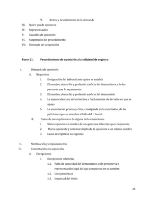 19
9. Retiro y desistimiento de la demanda
III. Quién puede oponerse
IV. Representación
V. Causales de oposición
VI. Suspensión del procedimiento
VII. Renuncia de la oposición
Parte 21. Procedimiento de oposición a la solicitud de registro
I. Demanda de oposición
A. Requisitos
1. Designación del tribunal ante quien se entabla
2. El nombre, domicilio y profesión u oficio del demandante y de las
personas que lo representen
3. El nombre, domicilio y profesión u oficio del demandado
4. La exposición clara de los hechos y fundamentos de derecho en que se
apoya
5. La enunciación precisa y clara, consignada en la conclusión, de las
peticiones que se sometan al fallo del tribunal
B. Casos de incumplimiento de alguna de las menciones
1. Marca oponente a nombre de una persona diferente que el oponente
2. Marca oponente y solicitud objeto de la oposición a un mismo nombre
3. Casos de registros no vigentes
II. Notificación y emplazamiento
III. Contestación a la oposición
A. Excepciones
1. Excepciones dilatorias
1.1. Falta de capacidad del demandante, o de personería o
representación legal del que comparece en su nombre
1.2. Litis pendencia
1.3. Ineptitud del libelo
 