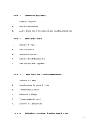 21
Parte 23. Acuerdos de coexistencia
I. Contenido del acuerdo
II. Carta de consentimiento
III. Análisis de una carta de consentimiento o un acuerdo de coexistencia
Parte 24. Limitación de marca
I. Limitación del signo
II. Limitación de oficio
III. Limitación de cobertura
IV. Limitación durante la tramitación
V. Limitación de la marca registrada
Parte 25. Cesión de solicitud y transferencia del registro
I. Requisitos de la cesión
II. Formalidades del documento de cesión
III. Transferencia de derechos
IV. Indivisibilidad del signo
V. Transferencia total o parcial
VI. Requisitos de la transferencia
Parte 26. Indicaciones geográficas y denominaciones de origen
 