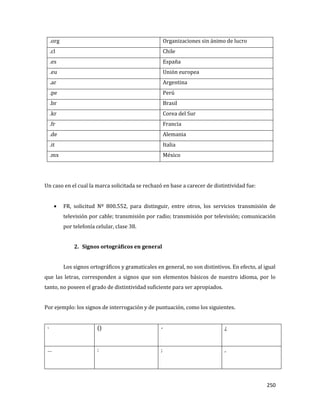 250
.org Organizaciones sin ánimo de lucro
.cl Chile
.es España
.eu Unión europea
.ar Argentina
.pe Perú
.br Brasil
.kr Corea del Sur
.fr Francia
.de Alemania
.it Italia
.mx México
Un caso en el cual la marca solicitada se rechazó en base a carecer de distintividad fue:
FR, solicitud Nº 800.552, para distinguir, entre otros, los servicios transmisión de
televisión por cable; transmisión por radio; transmisión por televisión; comunicación
por telefonía celular, clase 38.
2. Signos ortográficos en general
Los signos ortográficos y gramaticales en general, no son distintivos. En efecto, al igual
que las letras, corresponden a signos que son elementos básicos de nuestro idioma, por lo
tanto, no poseen el grado de distintividad suficiente para ser apropiados.
Por ejemplo: los signos de interrogación y de puntuación, como los siguientes.
· () - ¿
… : ; ,
 