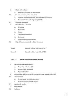 24
II. Objeto de la nulidad
A. Nulidad de las frases de propaganda
III. Prescripción de la acción de nulidad
A. Imprescriptibilidad por mala fe en obtención del registro
B. Fundamentación de la imprescriptibilidad
IV. Efectos de la nulidad
V. Procedimiento de nulidad
A. Demanda
B. Notificación
C. Prueba
D. Citación a oír sentencia
E. Sentencia
F. Suspensión del procedimiento
VI. Flujo del procedimiento de nulidad de marcas
Anexo Casos de nulidad bajo la ley 19.039
Anexo II Casos de nulidad bajo el DL N°958
Parte 29. Anotaciones posteriores al registro
I. Requisitos para las anotaciones
A. Requisitos del acto jurídico
B. Resolución de aceptación
C. Pago de derechos
II. Oponibilidad de los actos jurídicos relativos a la propiedad industrial
III. Transferencias
A. Transferencia parcial de una marca
B. Transmisión por causa de muerte
IV. Cambios de nombre
V. Gravámenes
VI. Embargo
 