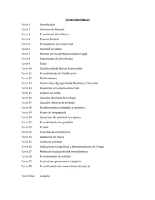 Directrices Marcas
Parte 1 Introducción
Parte 2 Información General
Parte 3 Tramitación de la Marca
Parte 4 Examen Formal
Parte 5 Presentación de la Solicitud
Parte 6 Solicitud de Marca
Parte 7 Normas acerca del Representante Legal
Parte 8 Representación de la Marca
Parte 9 Tasas
Parte 10 Clasificación de Marcas Comerciales
Parte 11 Procedimiento de Clasificación
Parte 12 Notificaciones
Parte 13 Corrección y Agregación de Nombres y Dirección
Parte 14 Requisitos de la marca comercial
Parte 15 Examen de fondo
Parte 16 Causales absolutas de rechazo
Parte 17 Causales relativas de rechazo
Parte 18 Establecimiento industrial y comercial
Parte 19 Frases de propaganda
Parte 20 Oposición a la solicitud de registro
Parte 21 Procedimiento de oposición
Parte 22 Prueba
Parte 23 Acuerdos de coexistencia
Parte 24 Limitación de marca
Parte 25 Cesión de solicitud
Parte 26 Indicaciones Geográficas y Denominaciones de Origen
Parte 27 Modos de finalización del procedimiento
Parte 28 Procedimiento de nulidad
Parte 29 Anotaciones posteriores al registro
Parte 30 Procedimiento de renovaciones de marcas
Parte Final Glosario
 