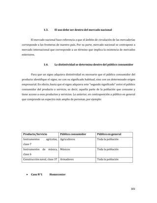 301
1.3. El uso debe ser dentro del mercado nacional
El mercado nacional hace referencia a que el ámbito de circulación de las mercaderías
corresponde a las fronteras de nuestro país. Por su parte, mercado nacional se contrapone a
mercado internacional que corresponde a un término que implica la existencia de mercados
exteriores.
1.4. La distintividad se determina dentro del público consumidor
Para que un signo adquiera distintividad es necesario que el público consumidor del
producto identifique el signo, no con su significado habitual, sino con un determinado origen
empresarial. En efecto, basta que el signo adquiera este “segundo significado” entre el público
consumidor del producto o servicio, es decir, aquella parte de la población que consume y
tiene acceso a esos productos y servicios. Lo anterior, en contraposición a público en general
que comprende un espectro más amplio de personas, por ejemplo:
Producto/Servicio Público consumidor Público en general
Instrumentos agrícolas,
clase 7
Agricultores Toda la población
Instrumentos de música,
clase 6
Músicos Toda la población
Construcción naval, clase 37 Armadores Toda la población
Caso N°1 Homecenter
 