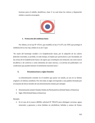315
lociones para el cabello; dentífricos, clase 3. La cual tiene los colores y disposición
similar a nuestra escarapela.
1. Protección del emblema Suizo
Por último, en la Ley Nº 19.511, que modifica la ley nº 6.371, de 1939, que protege el
emblema de la cruz roja, señala en su art. 5 que:
“En razón del homenaje rendido a la Confederación Suiza, por la adopción de los colores
federales invertidos, se prohíbe, en todo tiempo, el empleo por particulares o por Sociedades, de
las armas de la Confederación Suiza o de signos que constituyan una imitación, sea como marca
de fábrica o de comercio o como elementos de estas marcas, o en formas de publicidad o en
condiciones que puedan lesionar el sentimiento nacional suizo.".
G. Denominaciones y siglas Estatales
La denominación consiste en el nombre que posee un estado, ya sea en su idioma
original o en idioma castellano. Por otro lado, la sigla corresponde a una palabra formada por
el conjunto de letras iníciales de una denominación estatal, por ejemplo:
Denominación estatal: Estados Unidos de Norteamérica (United States of America)
Sigla: USA (United States of America).
Ejemplo:
Es el caso de la marca ARUBA, solicitud Nº 789.672 para distinguir cervezas; aguas
minerales y gaseosas y otras bebidas no alcohólicas; bebidas y zumos de frutas;
 