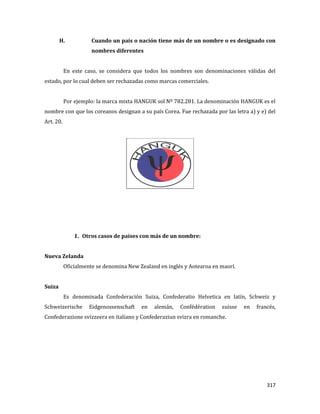 317
H. Cuando un país o nación tiene más de un nombre o es designado con
nombres diferentes
En este caso, se considera que todos los nombres son denominaciones válidas del
estado, por lo cual deben ser rechazadas como marcas comerciales.
Por ejemplo: la marca mixta HANGUK sol Nº 782.281. La denominación HANGUK es el
nombre con que los coreanos designan a su país Corea. Fue rechazada por las letra a) y e) del
Art. 20.
1. Otros casos de países con más de un nombre:
Nueva Zelanda
Oficialmente se denomina New Zealand en inglés y Aotearoa en maorí.
Suiza
Es denominada Confederación Suiza, Confederatio Helvetica en latín, Schweiz y
Schweizerische Eidgenossenschaft en alemán, Confédération suisse en francés,
Confederazione svizzeera en italiano y Confederaziun svizra en romanche.
 