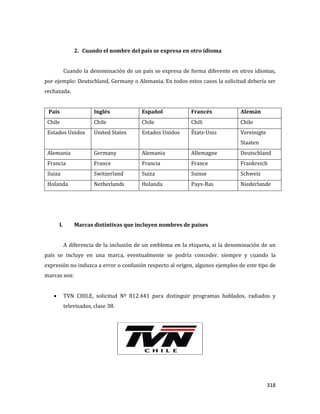 318
2. Cuando el nombre del país se expresa en otro idioma
Cuando la denominación de un país se expresa de forma diferente en otros idiomas,
por ejemplo: Deutschland, Germany o Alemania. En todos estos casos la solicitud debería ser
rechazada.
País Inglés Español Francés Alemán
Chile Chile Chile Chili Chile
Estados Unidos United States Estados Unidos États-Unis Vereinigte
Staaten
Alemania Germany Alemania Allemagne Deutschland
Francia France Francia France Frankreich
Suiza Switzerland Suiza Suisse Schweiz
Holanda Netherlands Holanda Pays-Bas Niederlande
I. Marcas distintivas que incluyen nombres de países
A diferencia de la inclusión de un emblema en la etiqueta, si la denominación de un
país se incluye en una marca, eventualmente se podría conceder. siempre y cuando la
expresión no induzca a error o confusión respecto al origen, algunos ejemplos de este tipo de
marcas son:
TVN CHILE, solicitud Nº 812.441 para distinguir programas hablados, radiados y
televisados, clase 38.
 