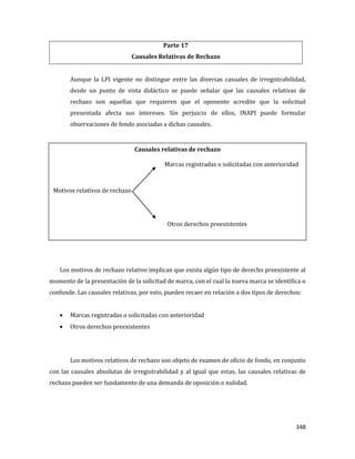 348
Parte 17
Causales Relativas de Rechazo
Aunque la LPI vigente no distingue entre las diversas casuales de irregistrabilidad,
desde un punto de vista didáctico se puede señalar que las causales relativas de
rechazo son aquellas que requieren que el oponente acredite que la solicitud
presentada afecta sus intereses. Sin perjuicio de ellos, INAPI puede formular
observaciones de fondo asociadas a dichas causales.
Los motivos de rechazo relativo implican que exista algún tipo de derecho preexistente al
momento de la presentación de la solicitud de marca, con el cual la nueva marca se identifica o
confunde. Las causales relativas, por esto, pueden recaer en relación a dos tipos de derechos:
Marcas registradas o solicitadas con anterioridad
Otros derechos preexistentes
Los motivos relativos de rechazo son objeto de examen de oficio de fondo, en conjunto
con las causales absolutas de irregistrabilidad y al igual que estas, las causales relativas de
rechazo pueden ser fundamento de una demanda de oposición o nulidad.
Causales relativas de rechazo
Marcas registradas o solicitadas con anterioridad
Motivos relativos de rechazo
Otros derechos preexistentes
 