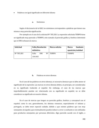 390
Palabras con igual significado en diferente idioma
a. Sinónimos
Según el diccionario de la RAE, los sinónimos corresponden a palabras que tienen una
misma o muy parecida significación.
Por ejemplo en el caso de la solicitud Nº 785.283. La expresión solicitada TEMPO tiene
un significado muy parecido a TIEMPO, esto sumado al parecido gráfico y fonético determinó
que el DNI rechazara la marca.
Solicitud Fallo/Resolución
definitiva
Marca solicita Marca fundante
oposición/nulidad
Nº 785.283 Fallo DNI Nº
144.443
TEMPO TIEMPO
b. Palabras en otros idiomas
En el caso de las palabras en otros idiomas, es necesario destacar que se debe atener al
significado de la expresión. Las marcas en otros idiomas deben, en principio, ser consideradas
en su significado traducido al español. Sin embargo, el caso de las marcas que
improbablemente puedan ser relacionada con su significado en español, no se debe
considerar su significado en nuestro idioma.
En el caso de marcas que tengan un parecido gráfico, fonético y conceptual con el
español, como lo son, generalmente, los idiomas romances, especialmente el italiano y
portugués, se debe tener especial cuidado, debido a que existen palabras que son muy
semejantes al español, que eventualmente pueden inducir a error o confusión si son utilizadas
para productos semejantes por personas diferentes. Algo parecido sucede con el inglés, a
 