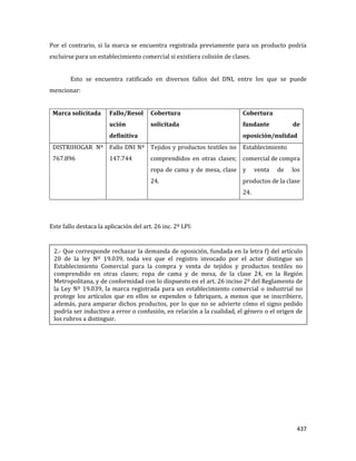 437
Por el contrario, si la marca se encuentra registrada previamente para un producto podría
excluirse para un establecimiento comercial si existiera colisión de clases.
Esto se encuentra ratificado en diversos fallos del DNI, entre los que se puede
mencionar:
Marca solicitada Fallo/Resol
ución
definitiva
Cobertura
solicitada
Cobertura
fundante de
oposición/nulidad
DISTRIHOGAR Nº
767.896
Fallo DNI Nº
147.744
Tejidos y productos textiles no
comprendidos en otras clases;
ropa de cama y de mesa, clase
24.
Establecimiento
comercial de compra
y venta de los
productos de la clase
24.
Este fallo destaca la aplicación del art. 26 inc. 2º LPI:
2.- Que corresponde rechazar la demanda de oposición, fundada en la letra f) del artículo
20 de la ley Nº 19.039, toda vez que el registro invocado por el actor distingue un
Establecimiento Comercial para la compra y venta de tejidos y productos textiles no
comprendido en otras clases; ropa de cama y de mesa, de la clase 24, en la Región
Metropolitana, y de conformidad con lo dispuesto en el art. 26 inciso 2º del Reglamento de
la Ley Nº 19.039, la marca registrada para un establecimiento comercial o industrial no
protege los artículos que en ellos se expenden o fabriquen, a menos que se inscribiere,
además, para amparar dichos productos, por lo que no se advierte cómo el signo pedido
podría ser inductivo a error o confusión, en relación a la cualidad, el género o el origen de
los rubros a distinguir.
 