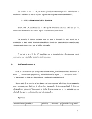 452
De acuerdo al art. 122 CPC, en el caso que se deseche la implicancia o recusación, se
procederá a condenar en costas al que la haya reclamado y se le impondrá una multa.
9. Retiro y desistimiento de la demanda
El art. 148 CPC establece que el actor puede retirar la demanda antes de que sea
notificada al demandado sin tramite alguno y conservando sus acciones.
De acuerdo al artículo anterior, una vez que la demanda ha sido notificada al
demandado, el actor puede desistirse de ella hasta el final del juicio, pero previo incidente y
extinguiéndose las acciones que se habían intentado.
A su vez, el art. 10 bis LPI establece que el desistimiento a la demanda puede
presentarse una vez citadas las partes a oír sentencia.
III. Quién puede oponerse
El art. 5 LPI establece que “cualquier interesado podrá formular oposición a la solicitud de
marca (…) e indicaciones geográficas y denominaciones de origen. (…)”. De acuerdo al Art. 23
CPC, debe haber un derecho comprometido y no sólo meras expectativas.
Sin perjuicio de lo anterior, el interés necesario para otorgar la legitimación activa a quien
quiera oponerse, está dado por la infracción a las causales de irregistrabilidad. Es decir, no
sólo puede ser oponente/demandante el titular de una marca que se vea afectada por una
solicitud, sino que es posible que invocar otras causales.
Ejemplos:
Marca solicitada Cobertura Solicitud Oponente (o Cobertura/Argumento
 