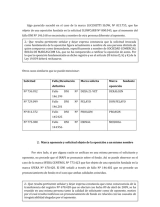 460
Algo parecido sucedió en el caso de la marca LUCCHETTI SLOW, Nº 815.755, que fue
objeto de una oposición fundada en la solicitud SLOWCARB Nº 800.043, que al momento del
fallo DNI Nº 146.168 se encontraba a nombre de otra persona diferente al oponente.
Otros casos similares que se puede mencionar:
Solicitud Fallo/Resolución
definitiva
Marca solicita Marca fundante
oposición
Nº 736.952 Fallo DNI Nº
146.199
DEXA 21-VET DEXALGEN
Nº 729.099 Fallo DNI Nº
146.201
PELAYO DON PELAYO
Nº 811.372 Fallo DNI Nº
145.925
PROALIM PROASIN
Nº 775.388 Fallo DNI Nº
144.956
OXINAL MOXIDAL
2. Marca oponente y solicitud objeto de la oposición a un mismo nombre
Por otro lado, si por alguna razón se unifican en una misma persona el solicitante y
oponente, no procede que el INAPI se pronuncie sobre el fondo. Así se puede observar en el
caso de la marca SFERA CENTROS, Nº 773.423 que fue objeto de una oposición fundada en la
marca SFERA Nº 670.420. El DNI señaló a través de fallo Nº 146.402 que no procede un
pronunciamiento de fondo en el caso que ambas calidades coincidan.
2.- Que resulta pertinente señalar y dejar expresa constancia que la solicitud invocada
como fundamento de la oposición figura actualmente a nombre de una persona distinta de
quien comparece como demandante, específicamente a nombre de SOCIEDAD COMERCIAL
BOLSA DE MARCAS.COM S.A., que no ha comparecido a ratificar la oposición de autos. Por
lo que la oposición fundamentada en dicho registro y en el artículo 20 letras f), h) y k) de la
Ley 19.039 deberá rechazarse.
2.- Que resulta pertinente señalar y dejar expresa constancia que como consecuencia de la
transferencia del registro Nº 670.420 que se efectuó con fecha 09 de abril de 2009, se ha
reunido en una misma persona tanto la calidad de solicitante como de oponente, motivo
por el cual resulta inoficioso un pronunciamiento de fondo en relación con las causales de
irregistrabilidad alegadas por el oponente.
 