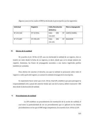 515
Algunos casos en los cuales el DNI ha declarado la prescripción son los siguientes:
Solicitud Registro Fallo/Resolución
definitiva
Marca impugnada
Nº 255.560 Nº 417056 Fallo DNI Nº
142.369
SANTA ISABEL
Nº 373.087 Nº 498.105 Fallo DNI Nº
141.181
MAGNUM
IV. Efectos de la nulidad
De acuerdo al art. 18 bis n) LPI, una vez declarada la nulidad de un registro, éste se
tendrá sin valor desde la fecha de su vigencia, es decir, desde que se le otorgó número de
registro. Asimismo, las frases de propaganda asociadas a una marca registrada podrán
también ser anuladas.
Para efectos de cancelar el derecho, sea que la nulidad se pronuncie sobre todo el
registro o sobre parte del registro, se anotará la nulidad al margen de la inscripción.
Es importante hacer notar que el art. 30 inc. final LPI, establece que para perseguir la
responsabilidad civil y penal del anterior titular por uso de la marca, deben transcurrir 180
días desde la declaración de nulidad.
V. Procedimiento de nulidad
La LPI establece un procedimiento de tramitación de la acción de nulidad, el
cual tiene la particularidad de ser un procedimiento que se aplicará en los demás
procedimientos en los que el DNI tenga competencia, de acuerdo al art. 18 bis o) LPI.
 